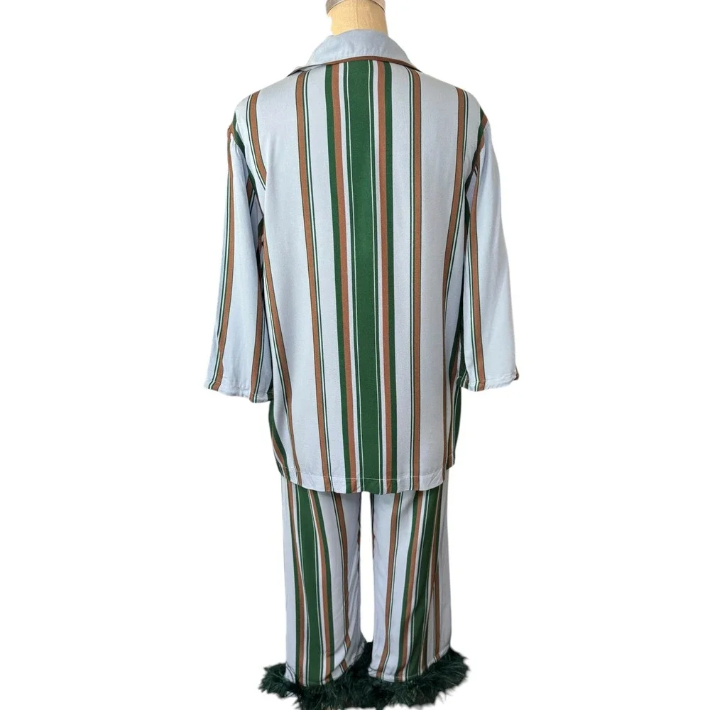 Sleeper Pajama Set Women Small Blue Green Striped Ostrich Feather Trim 2 Piece